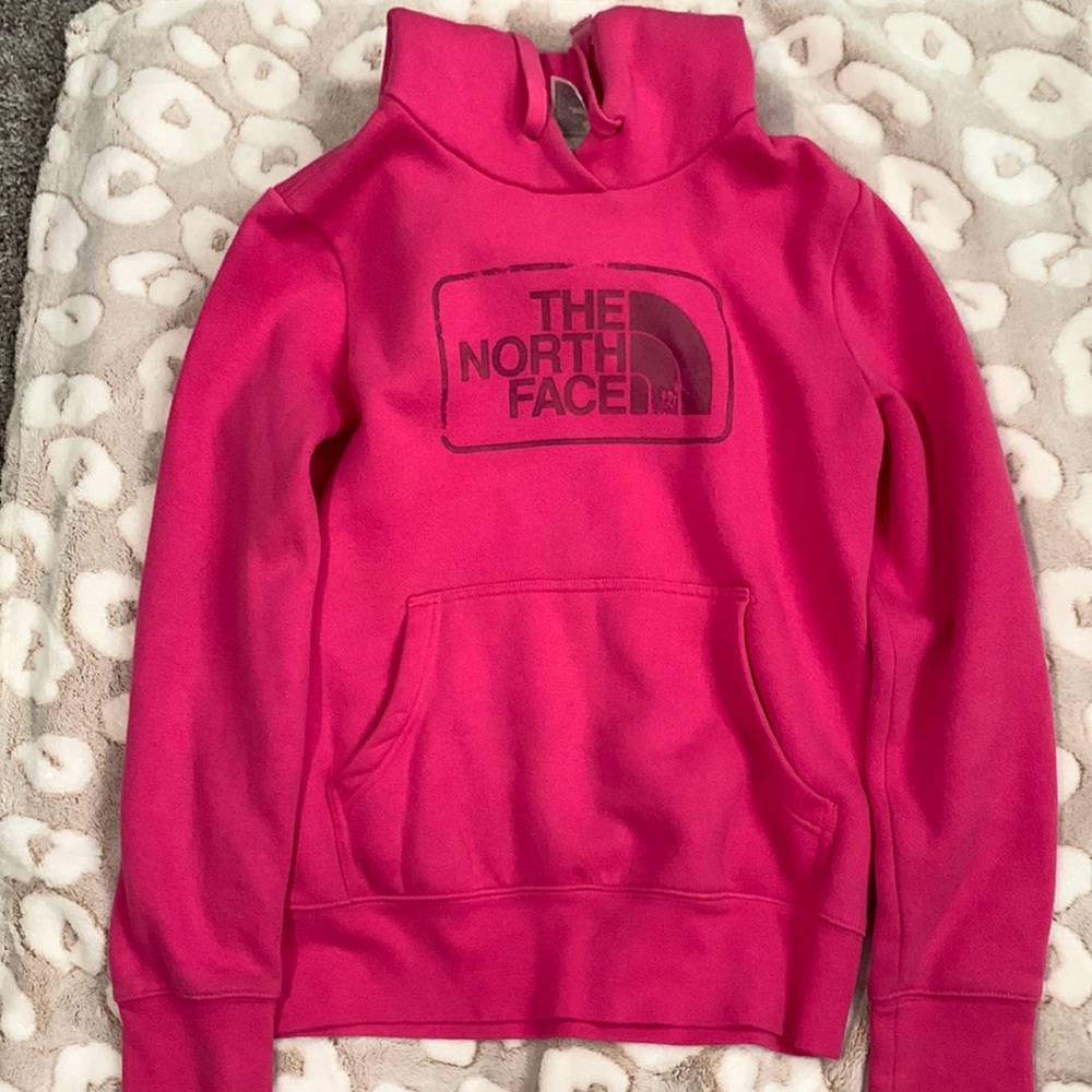 This is a size small The North Face pink hoodie.
